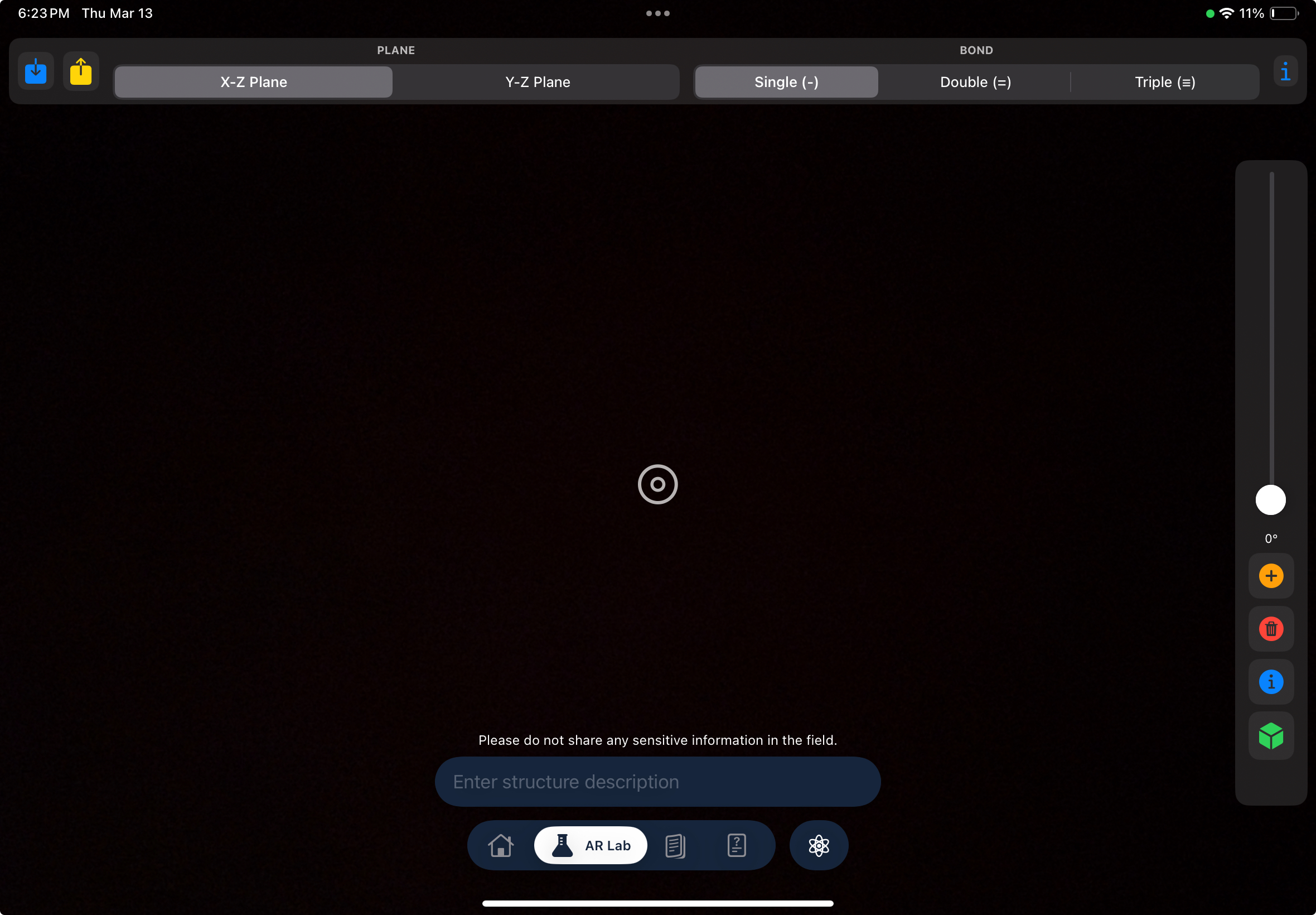 chemAR augmented reality lab interface showing 3D molecular visualization and interactive chemistry tools